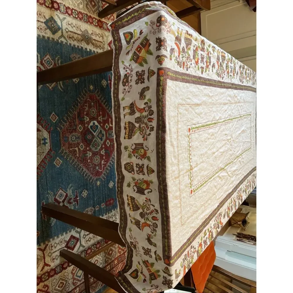 Vintage‎ Pennsylvania Dutch Folk Art Linen Tablecloth 43x75 Amish Couple *READ